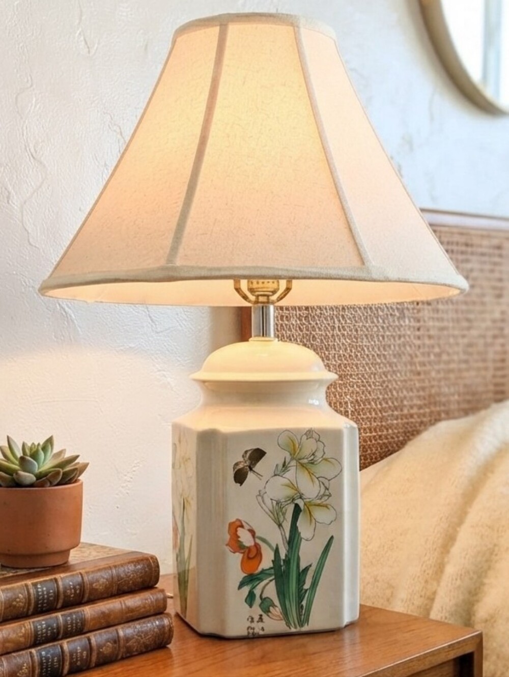 Vintage Cream Ceramic Table Lamp Floral Butterfly Design 23" Tall